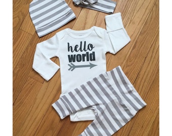 Newborn Baby Gender Neutral READY TO SHIP coming home outfit Gray and White Stripe theme going home set hello world baby shower gift coming