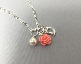 Personalized Initial Rose Flower Girl Necklace Bridesmaids Necklace