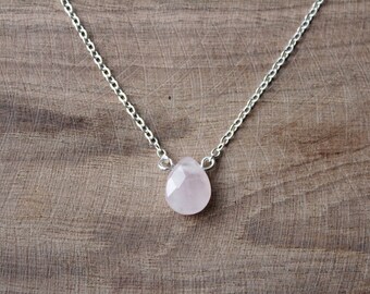 Pink Rose Quartz Teardrop Gemstone Bead // Dainty Gold or Silver Chain Choker Necklace // Drop Bead