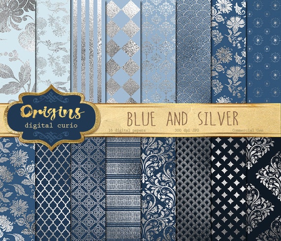 Blue and Silver Digital Paper silver foil printable scrapbook