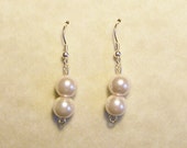 White Double Pearl (Faux) Beaded Dangle Ear Rings On Silver Wire
