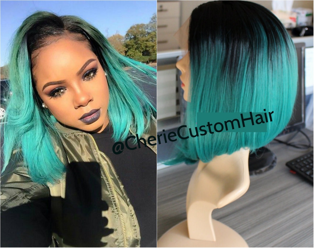 Dark Roots Wig Balayage Dip Dye Dark Root Electric Green Bob Lace Front Wig 12 14