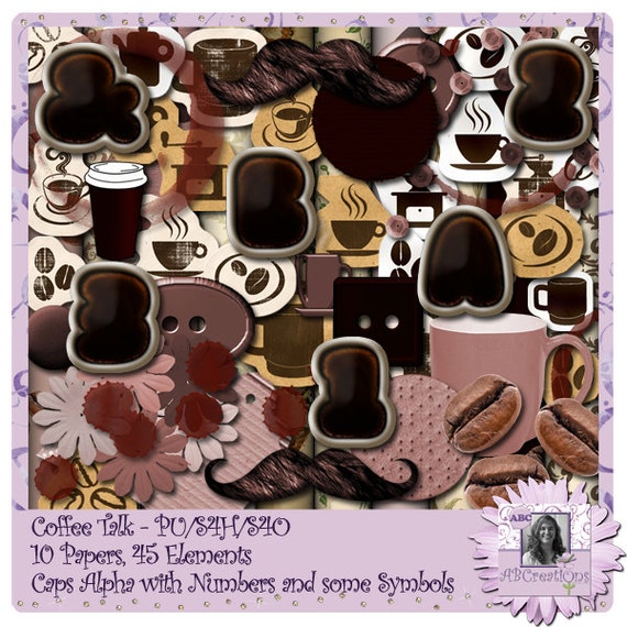 Coffee Talk digital scrapbooking kit with Alphabets and Letters and Papers and Embellishments