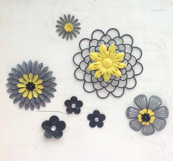 Yellow-Gray-Black 3D Metal Flowers / Outdoor Fence-Wall Art