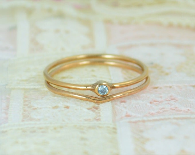 Tiny Aquamarine Ring Set, Solid 14k Rose Gold Wedding Set, Aquamarine Stacking Ring, Gold Aquamarine Ring, March Birthstone, Bridal Set