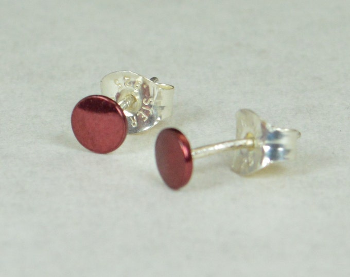 Cherry Silver Circle Earrings, Sterling Silver Earrings, Silver Stud Earrings, Simple Silver Earrings, Red Earrings, Nano Ceramic Earring