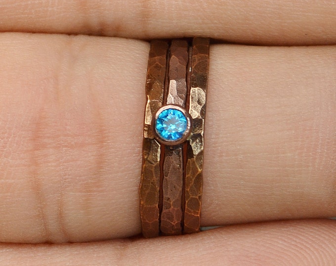 Bronze Copper Blue Zircon Ring, Classic Size, Stackable Rings, Mother's Ring, December Birthstone, Copper Jewelry, Pure Copper, Band