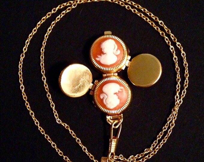 Storewide 25% Off SALE Vintage Salmon Tone Tammey Jewels Signed Double Hinged Cameo Locket With Gold Filled Necklace Featuring Unique Flip C
