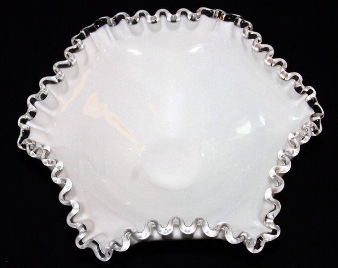 Storewide 25% Off SALE Vintage Medium Fenton Silver Crested White Milk Glass Centerpiece Ruffle Compote Bowl Featuring Classical Fenton Desi