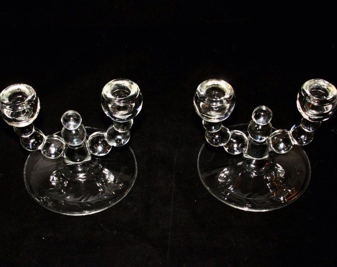 Storewide 25% Off SALE Vintage Bubble Clear Crystal Glass Double Stemmed Matching Candlestick Holders Featuring Elegant Etched Base Design