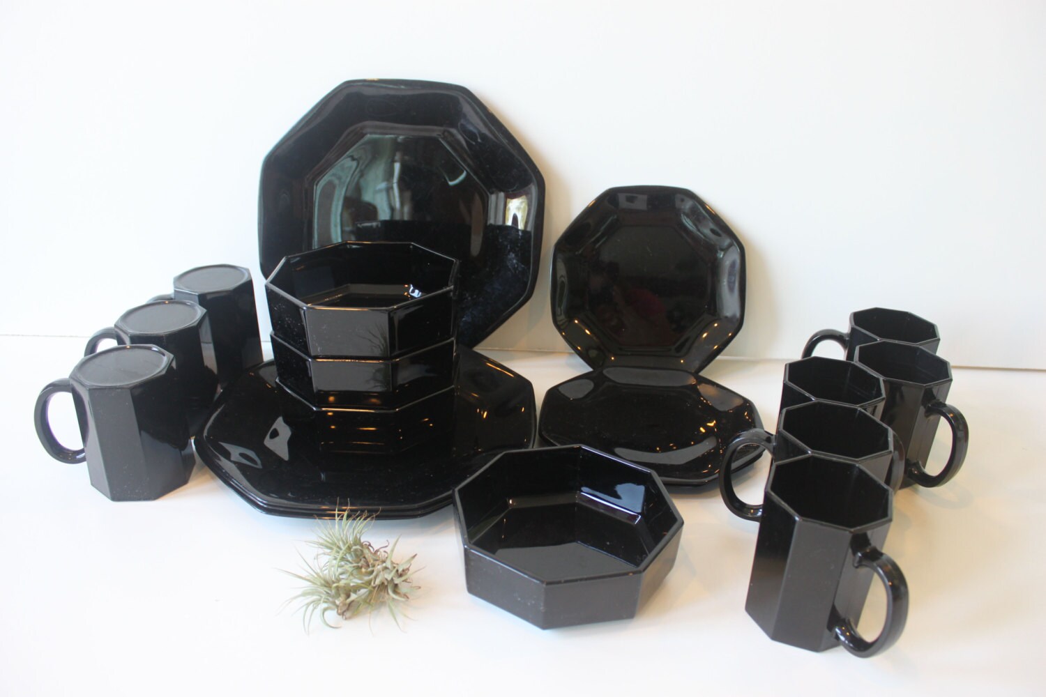 Arcoroc Black Octagon DinnerWare Retro Dishes BLACK