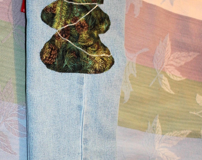HALF PRICE ** Christmas Tree Motif Stocking . Upcycled Blue Jean Stocking Gift Bag