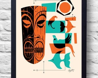 Vintage style 1960s Tiki Print, art, retro painting, gift