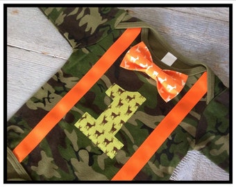Baby Boys First Birthday Outfit -Camo Deer - Baby Boy Clothes - Boys First Birthday Shirt - Camo Orange Deer Bow Tie - Baby Boy 1st Birthday