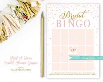 Pink and Gold Bridal Shower Bingo Game . Blush Pink and Gold . DIY Printable Bridal Shower Games . Gold Glitter . Confetti Hearts