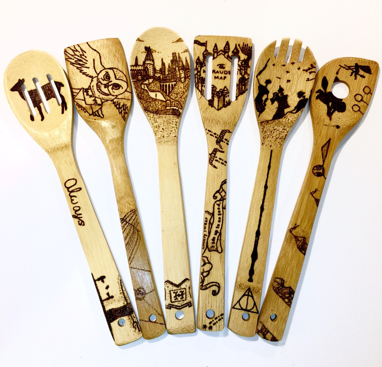 Set of 6 Harry Potter Custom Wood Burned Spoons. Free