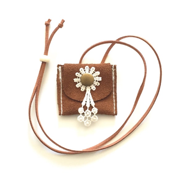Tan suede leather pocket necklace with white floral by hipchixie