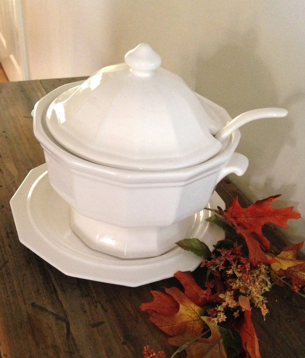 Pfaltzgraff White Soup Tureen with Ladle and Platter Made in