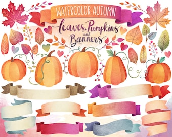 Autumn Clipart - Watercolor Clipart, Autumn Leaves, Pumpkins, and Banners - Fall Digital Clipart Set, Watercolor Clip Art