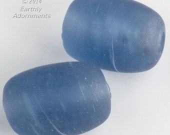 Large dusty blue matte glass barrels. 23x12mm. Sold individually. b11-bl-2096(e)