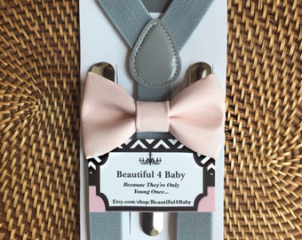 Blush Baby Boy Bow Tie, Blush Toddler Bow Tie, Blush Pink Bow Tie & Gray Suspender Set, 6 Months to 5 Years Old