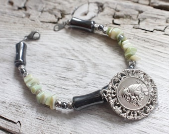 upcycled Bracelet, jewelry, handmade, medallion, Saint Joseph, patron saint of workers, medal , magnetic hematite, reclaimed jewelry