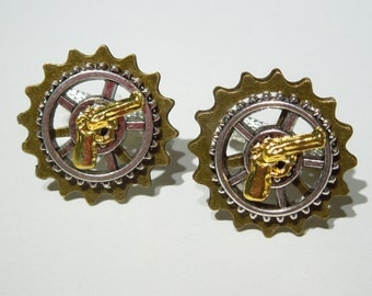 Mechanical Gears Steampunk Cufflinks with Gold Plated Gun Pistol Deco.