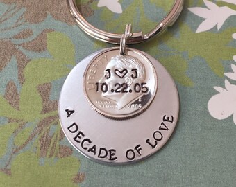 A Decade Of Love Hand Stamped Personalized Dime Keychain, 10 Year Anniversary Gift For Him, Her, Traditional Aluminum 10th Year Gift For Men