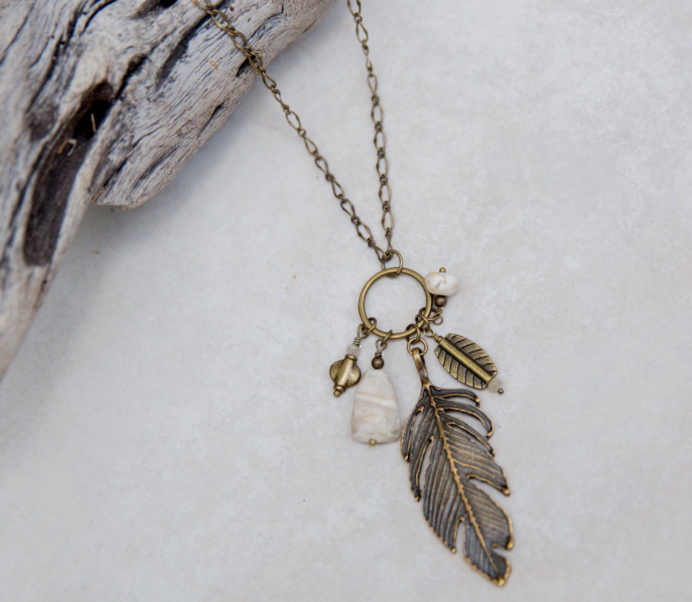 Brass feather necklaceCream Stone Necklace bohemian