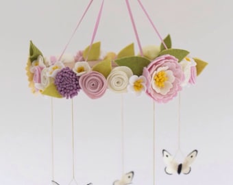 Butterflies and spring flowers baby mobile in muted pastels; dusty pink, lavender and palest yellow. Vintage style.