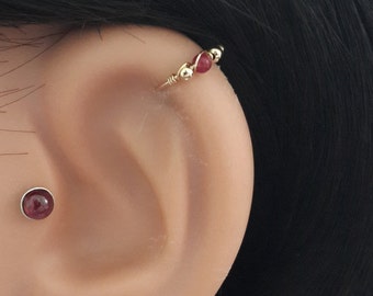 Thin red garnet cartilage earring, natural garnet 2-3mm gemstone bead, helix piercing, bohemian jewelry, 16-24 gauge, 6 -12mm inner diameter