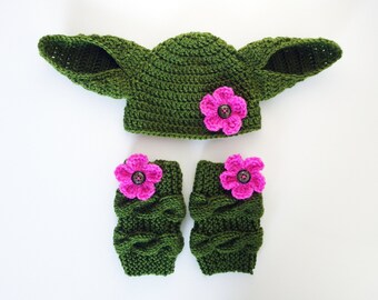 Star Wars Costume, Yoda Baby Hat and Leg Warmers, Yoda Hat, Baby Girl Hat, Yoda Costume, Crochet Baby Hat, Kids Dress Up, comic con costume