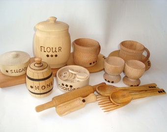 Kitchen set (27pcs) for kids play. Wooden dishes set. Kids food play set. Kids kitchen play set