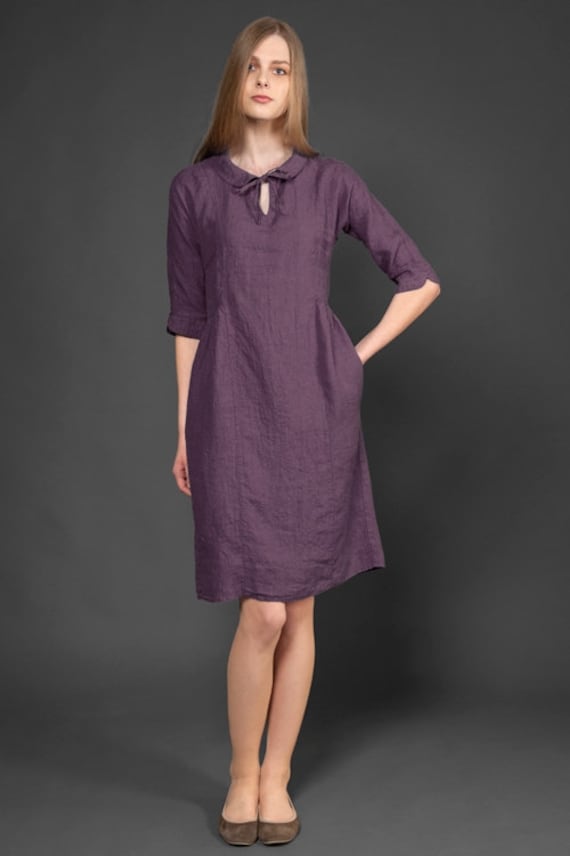Purple linen dress collar dress womens dresses linen summer