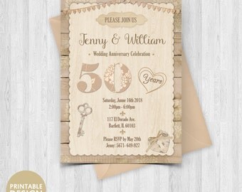 Printable 50th Anniversary Invitation - Rustic Wood Wedding Anniversary Invitation - Gold Anniversary Celebration - Golden Anniversary