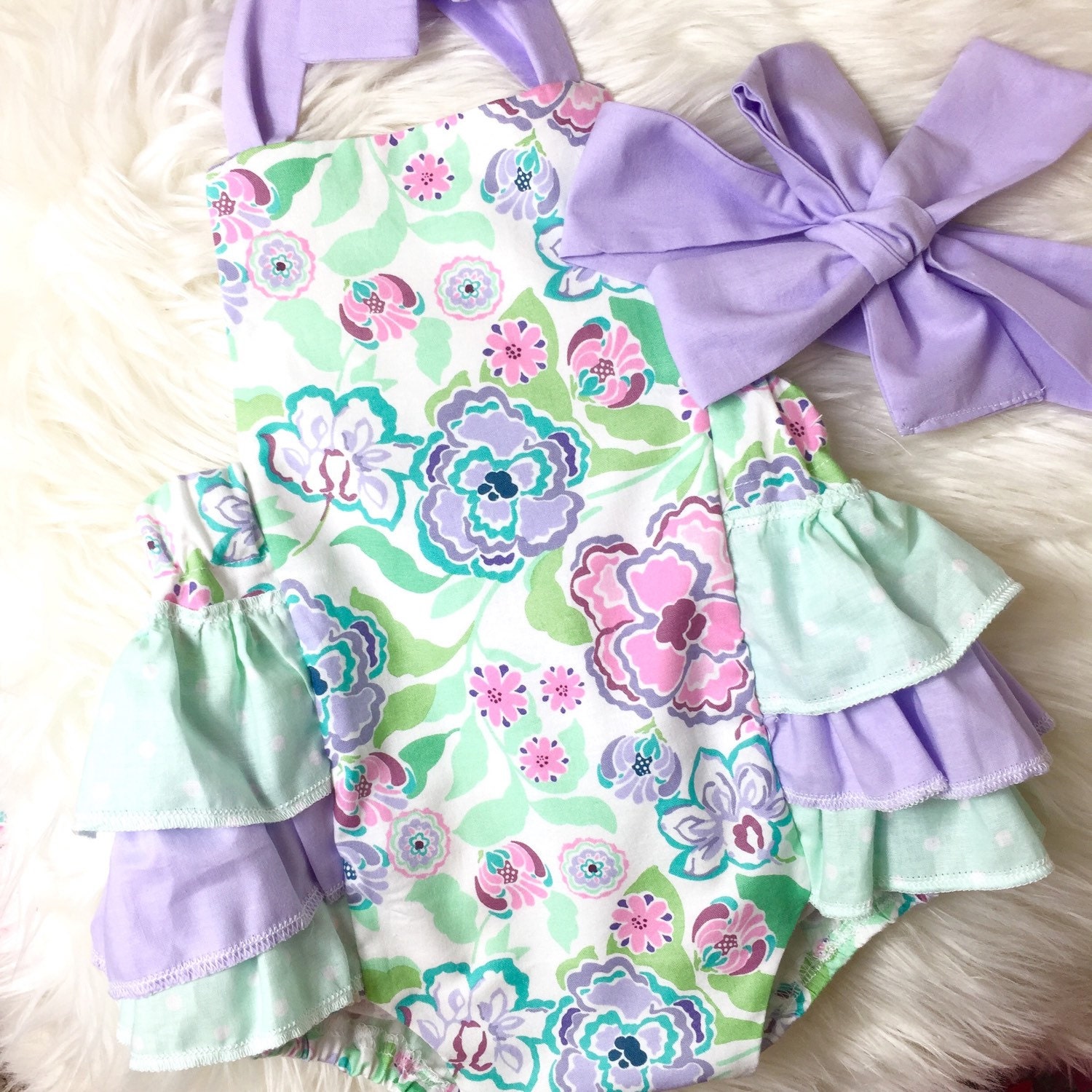 Baby Girl Romper purple and green floral romper and head wrap
