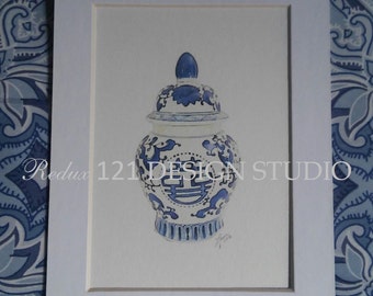 Chinoiserie Watercolor Style Giclee Art Print Blue and White Ginger Jar #5 Chinese Porcelain Hollywood Regency - Choose 5x7 or 8x10 Unmatted