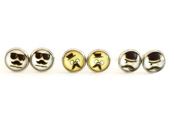 Hat And Glasses Mustache Earring SET, Handmade Earring Studs, Mustache Earrings, Glass Mustache Earring Studs, 10mm Glass Earrings, Mustache