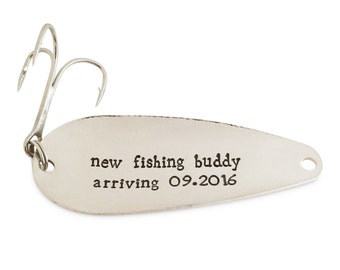 baby announcement grandparent, grandma grandpa, new fishing buddy arriving, stamped fishing spoon, keychain