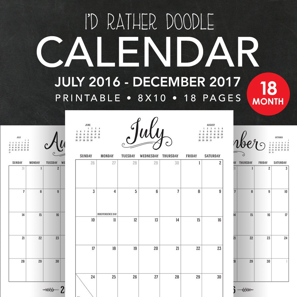 printable 18 month calendar july 2016 december by