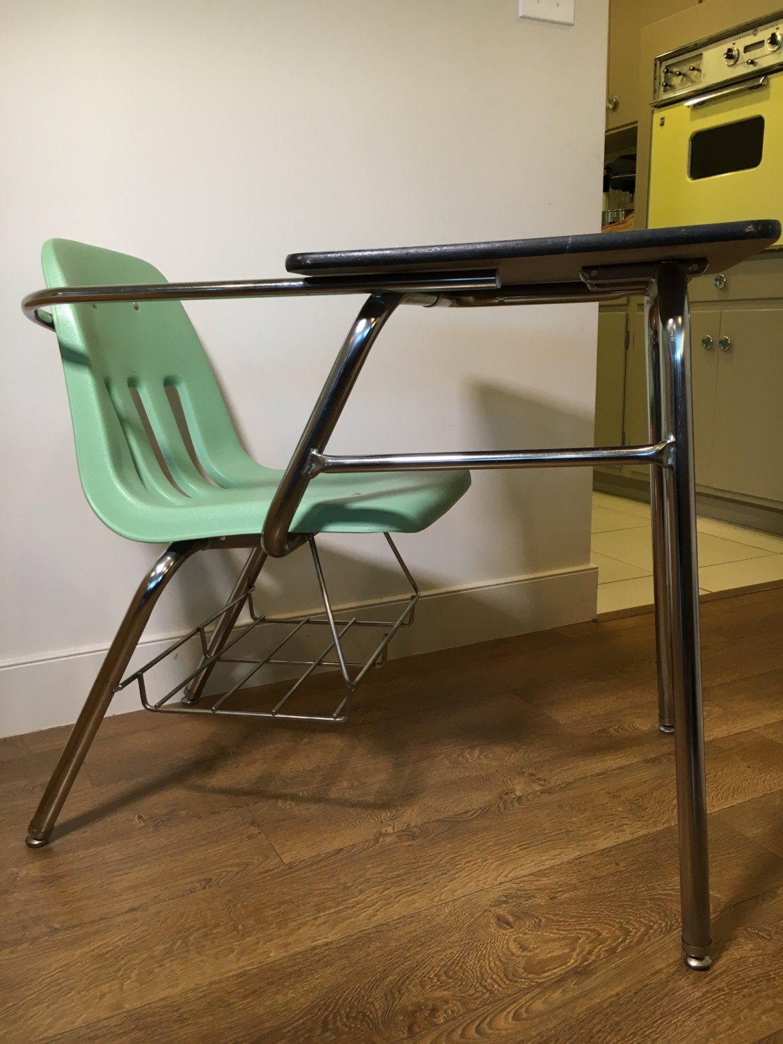 Vintage Desk with Attached Chair by Virco Mint Green & Gray