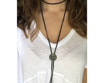Leather wrap bolo tie choker necklace