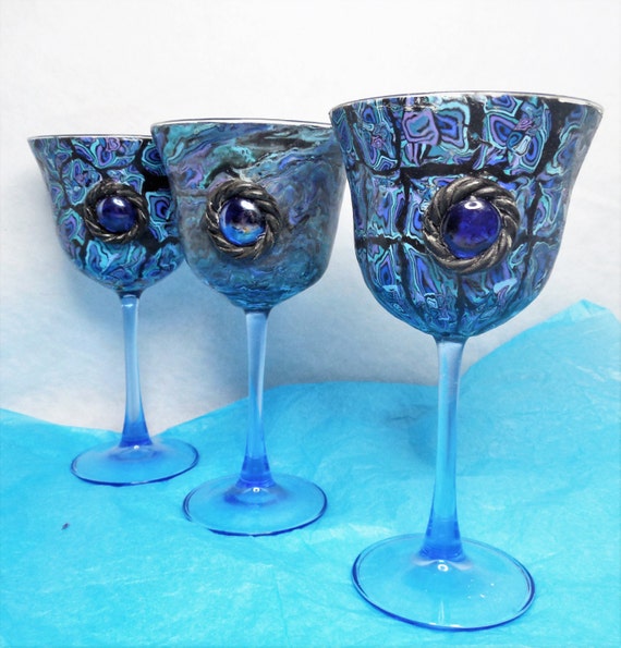 Polymer clay hand decorated wine glasses by Merriebethplace