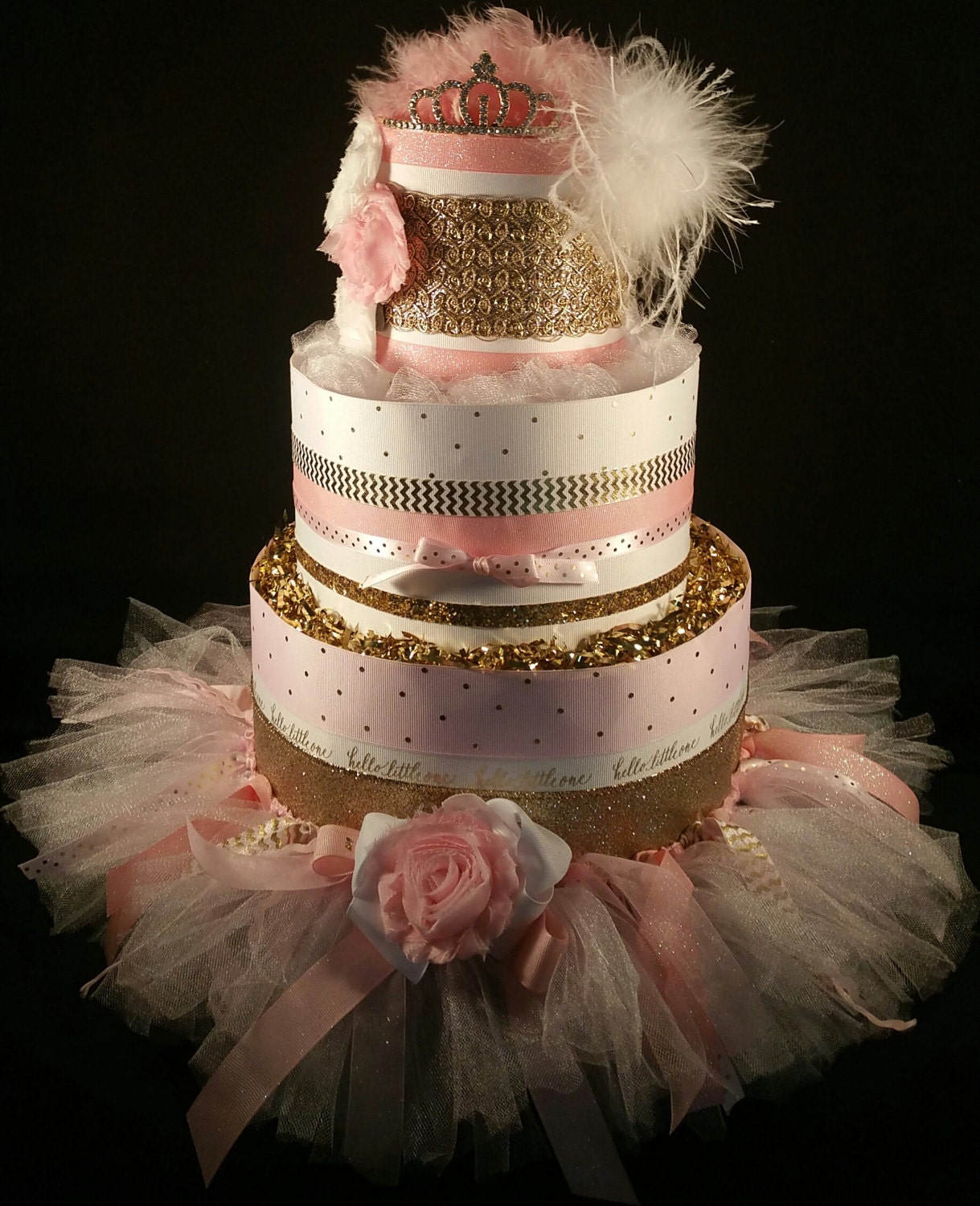 3 Tier Pink & Gold Princess DIAPER CAKE w/ tutu skirt tiara