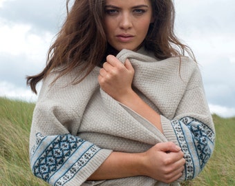 Ladies kimono fair isle cardigan - putty,beige