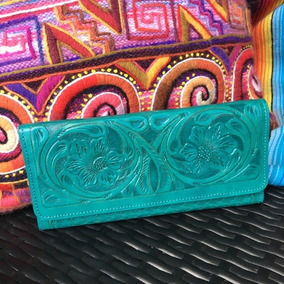 Mexican Tooled Leather Wallet with Coin Pocket in Turqouise
