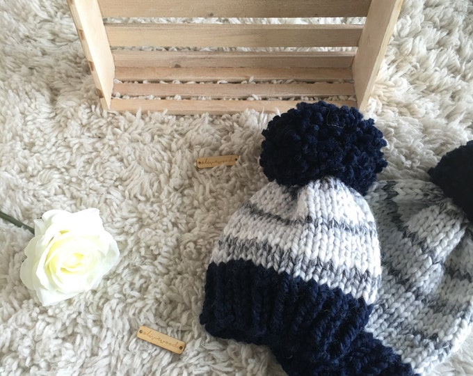 Mama and Me matching Knit Slouchy Beanie Hat With Large Pom Pom//THE MICK SET//Navy and Marble