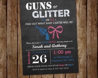 Guns or Glitter Gender Reveal Invitation | Pink or Blue | Boy or Girl | He or She | Printable Invitation | Customizable