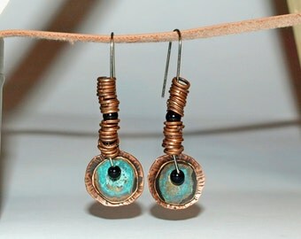 Copper ring earrings Dangle ring earrings Dangle copper earrings Turquoise long earring Copper patina earring Blue ring earring gift for her
