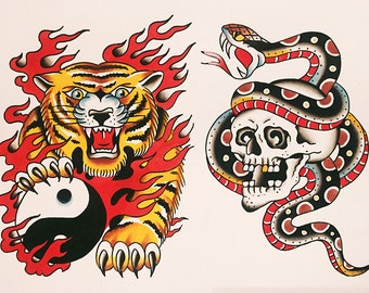 Items similar to Traditional American Tattoo Style Original Snake and ...